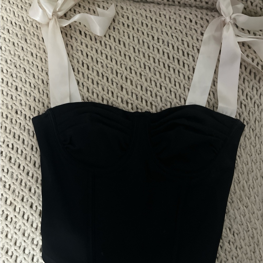 Pretty Garbage Elegant Black Corset Top with Cream Straps
